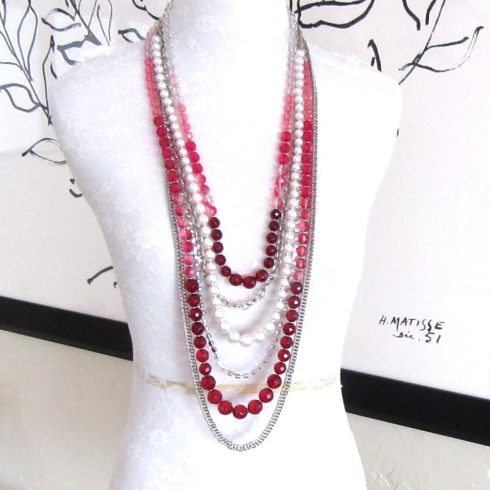 Pink red bead, pearl, chains,rhinestone necklace